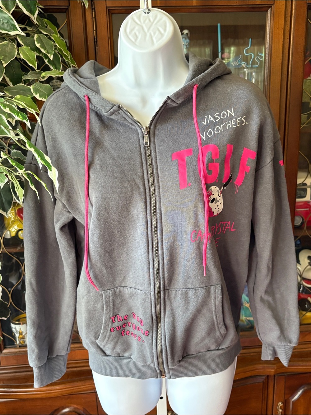 Friday The 13th Jason Voorhees TGIF Grey Pink Hoodie Zip Up Halloween Fall XXS